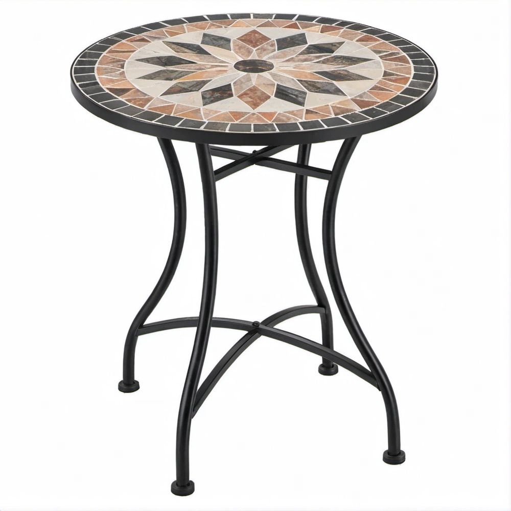 Tavolino laterale rotondo Ø 60 x 70 cm con piano in mosaico ceramico e struttura in acciaio nero
