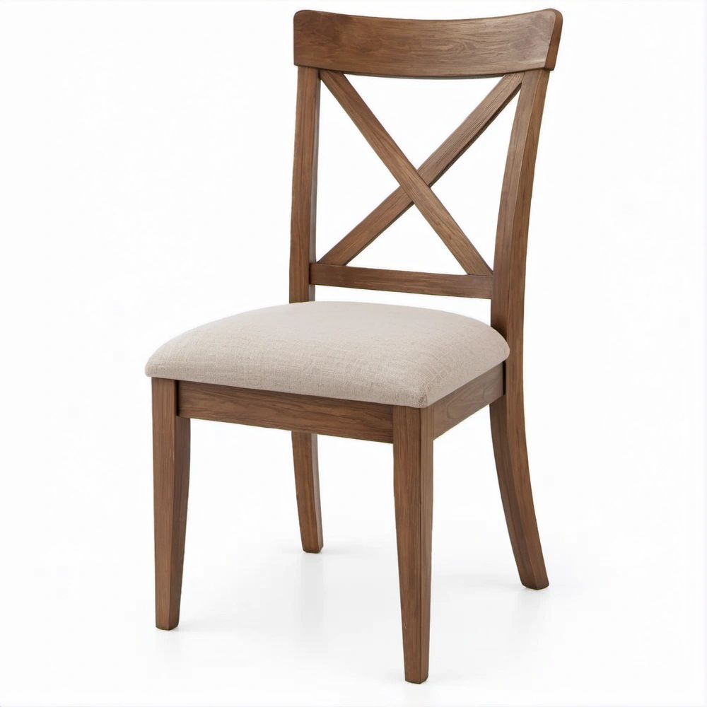 Sedia da pranzo con schienale a X in legno massello noce e seduta beige, 45 x 55 x 95 cm