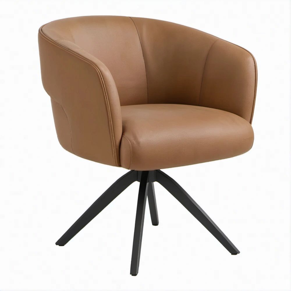 Poltrona girevole con braccioli in pelle sintetica marrone e base nera, 58 x 61 x 84 cm