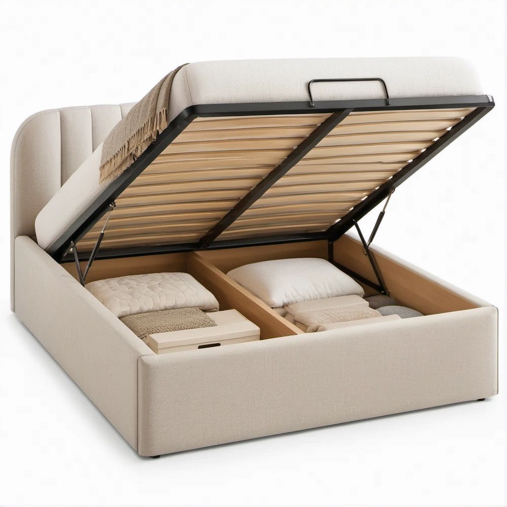 Letto matrimoniale imbottito con contenitore e apertura a gas, Beige, 160 x 200 cm