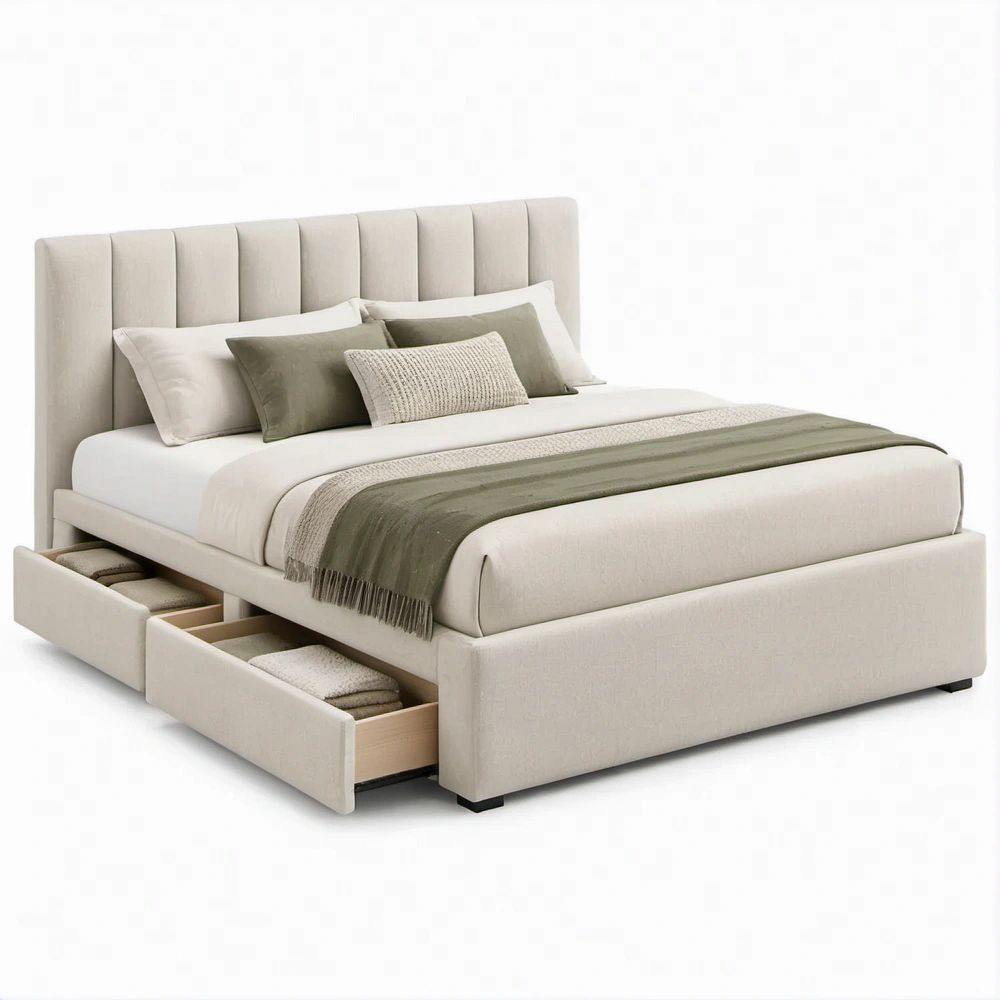 Letto matrimoniale beige 160 x 200 cm con testiera imbottita e 2 cassetti laterali