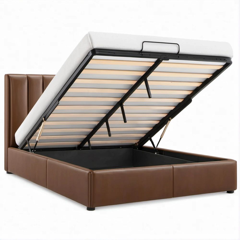 Letto matrimoniale con vano contenitore in ecopelle PU Marrone/Nero, 160 x 200 cm