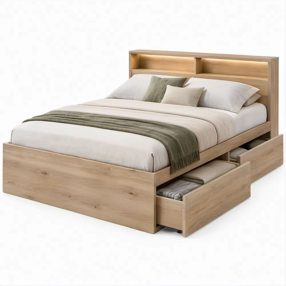 Letto matrimoniale in rovere chiaro con testiera a vani e 2 cassetti, 160 x 200 cm
