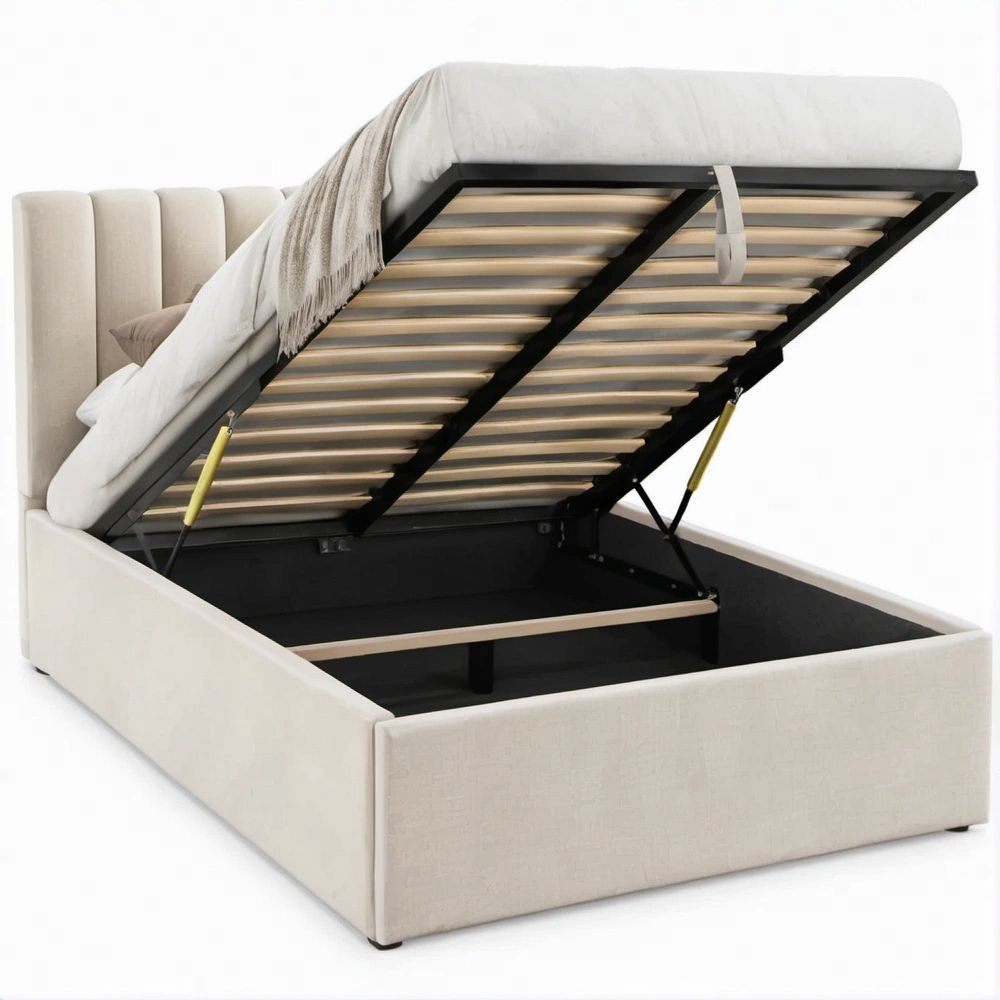 Letto matrimoniale imbottito beige con contenitore e testiera verticale, 160 x 200 cm