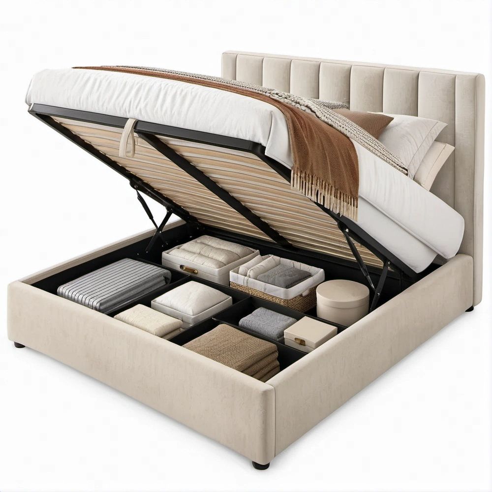 Letto matrimoniale imbottito con contenitore beige 160 x 200 cm, testiera alta e apertura a gas