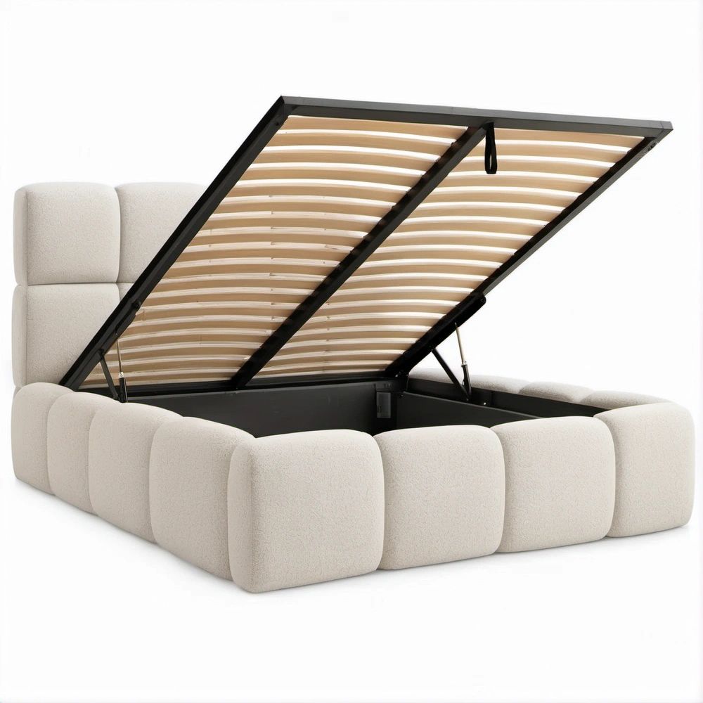 Letto matrimoniale con vano contenitore beige in bouclé, 180 x 200 cm