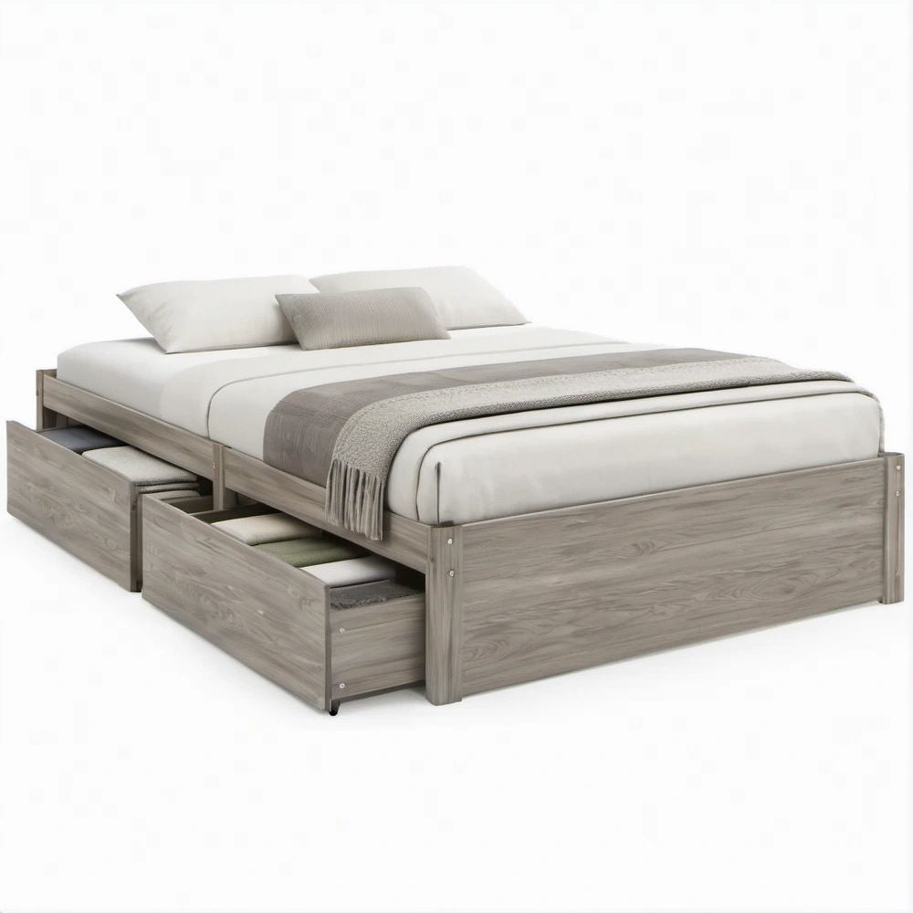 Letto matrimoniale 160 x 200 cm con 2 cassetti laterali, finitura rovere grigio
