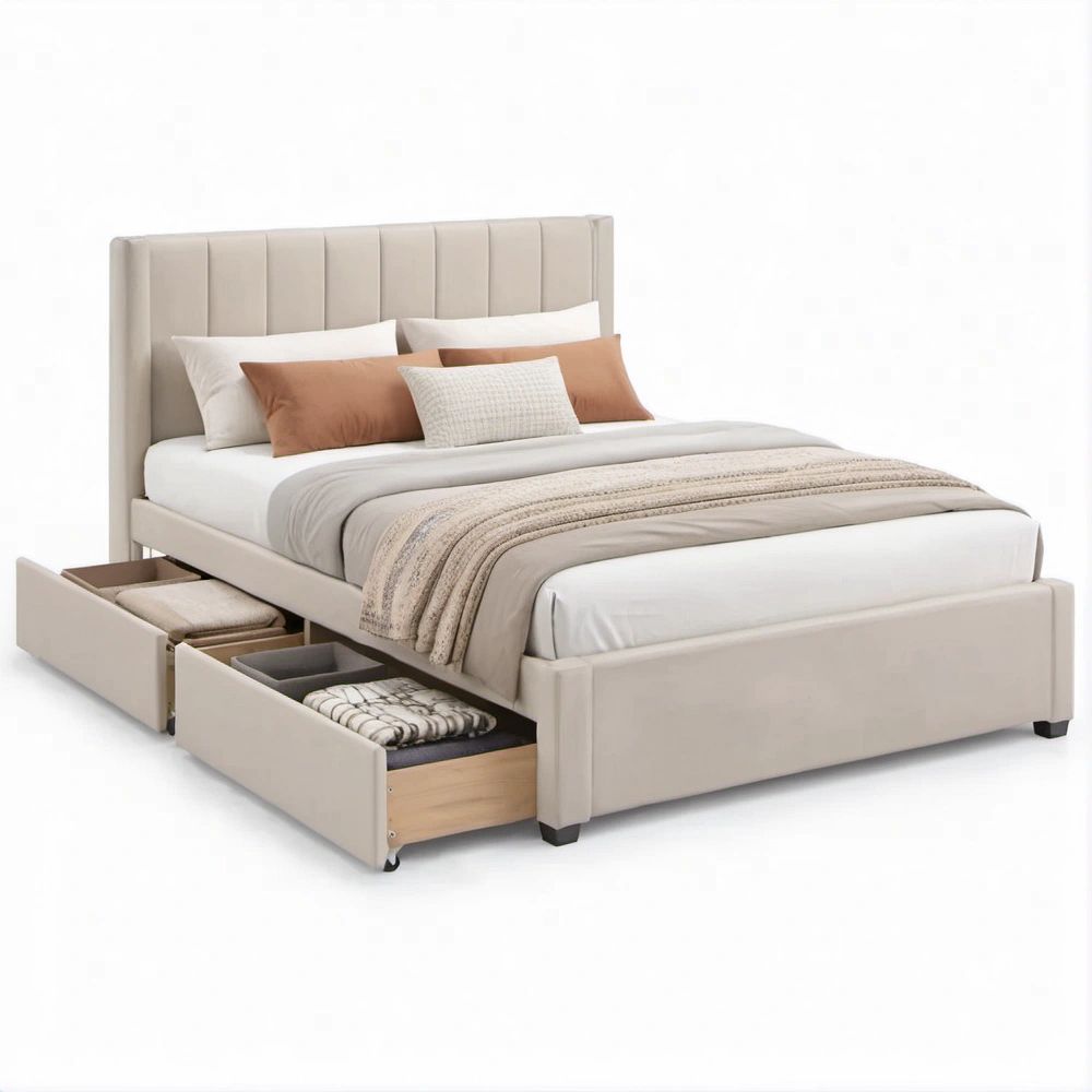 Letto matrimoniale beige 160 x 200 cm con testiera imbottita e 2 cassetti