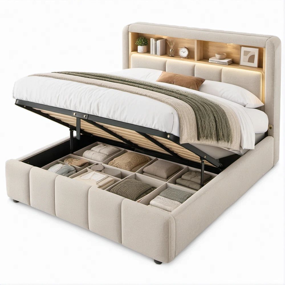 Letto matrimoniale contenitore beige 180 x 200 cm con testiera imbottita e ripiani effetto rovere