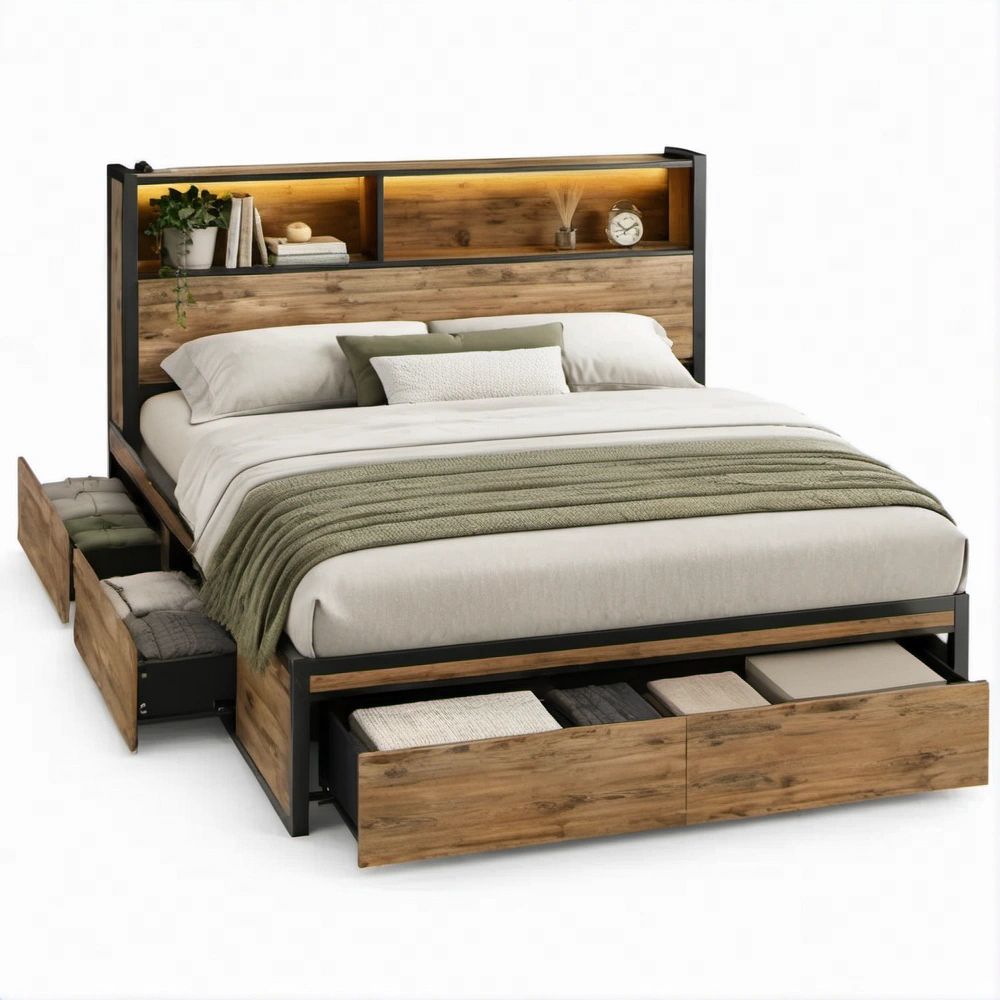 Letto matrimoniale contenitore 160 x 200 cm con testiera LED, 4 cassetti, Marrone rustico e Nero