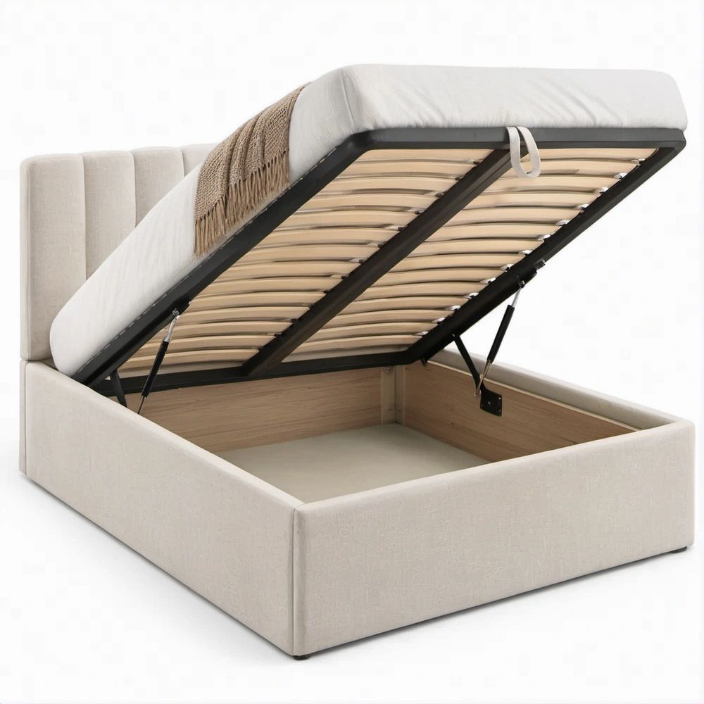 Letto matrimoniale contenitore beige con testiera imbottita, rete a doghe, 160 x 200 cm