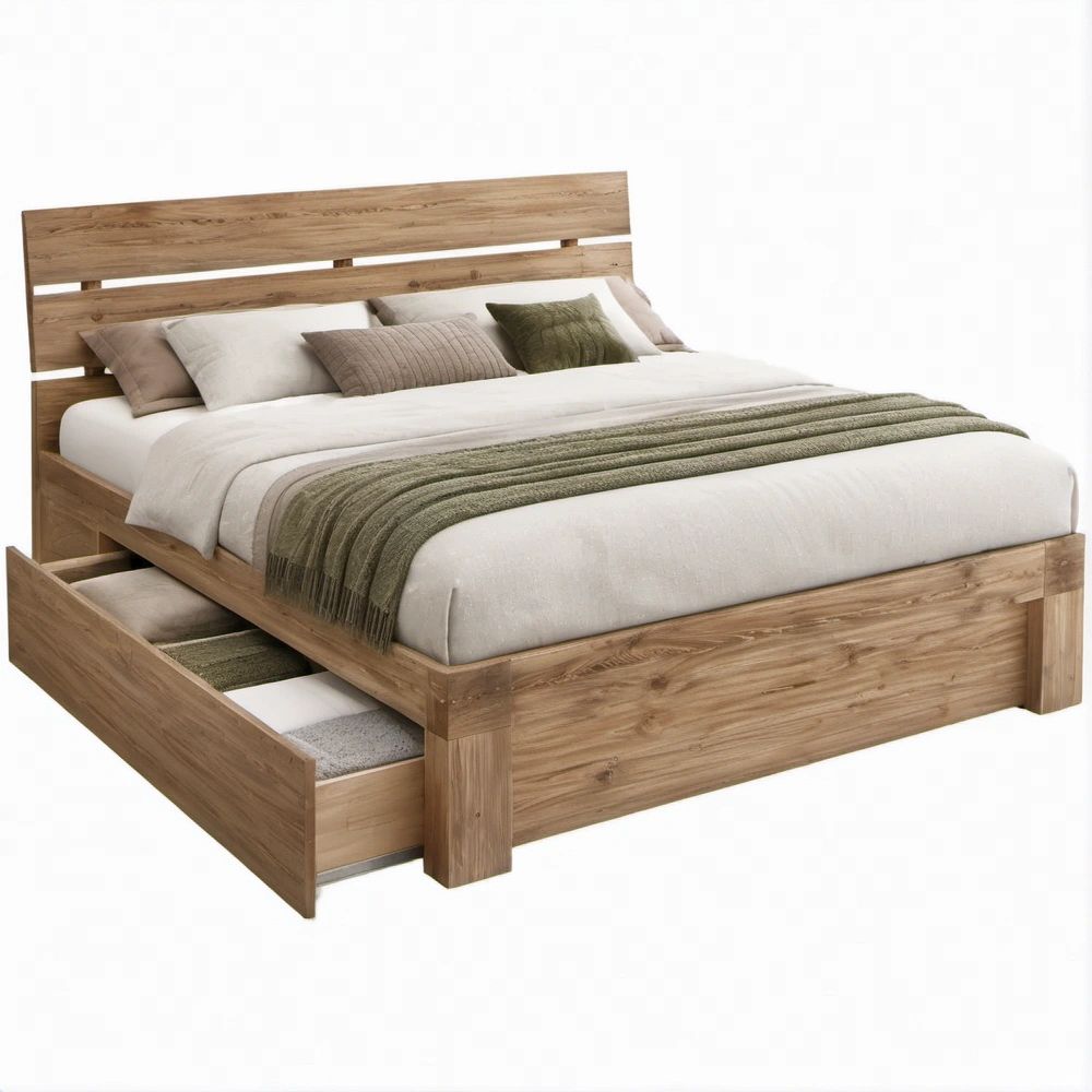 Letto matrimoniale con cassetto estraibile in legno massello di acacia marrone naturale 180 x 200 cm
