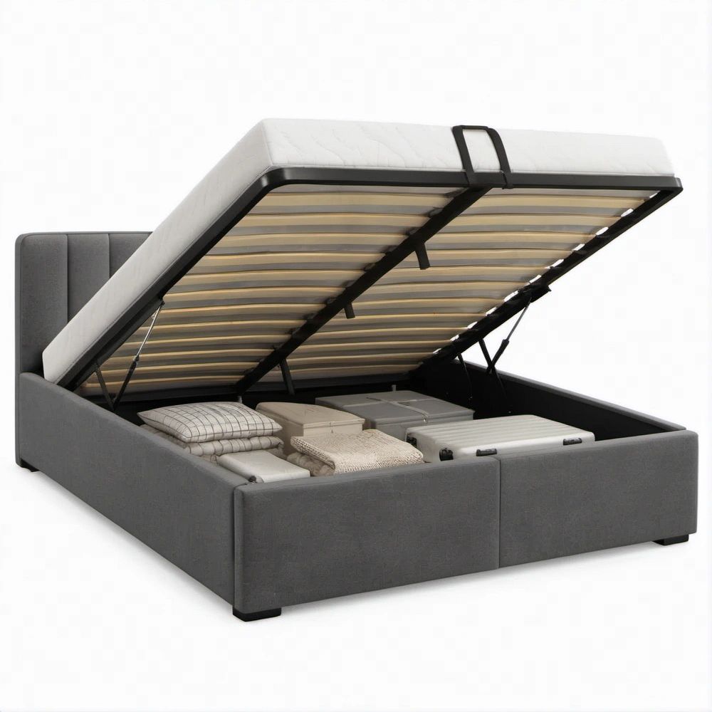 Letto matrimoniale con vano contenitore 160 x 200 cm Grigio e Nero in Poliestere e Acciaio