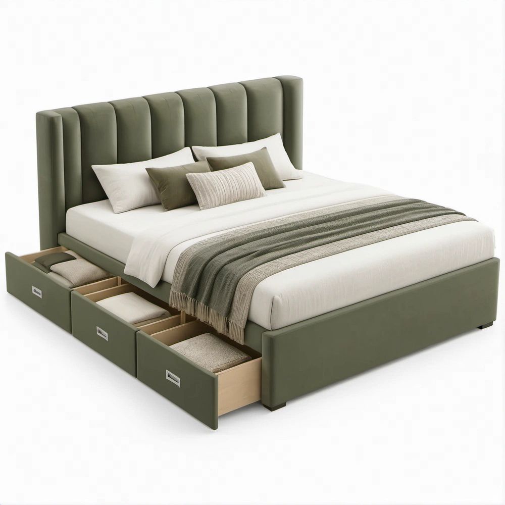 Letto matrimoniale contenitore verde oliva con 3 cassetti, 160 x 200 cm