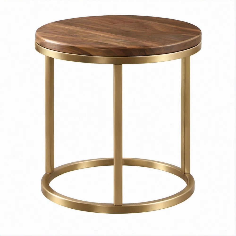 Tavolino laterale rotondo in MDF effetto noce e acciaio oro, Ø 45 x 55 cm