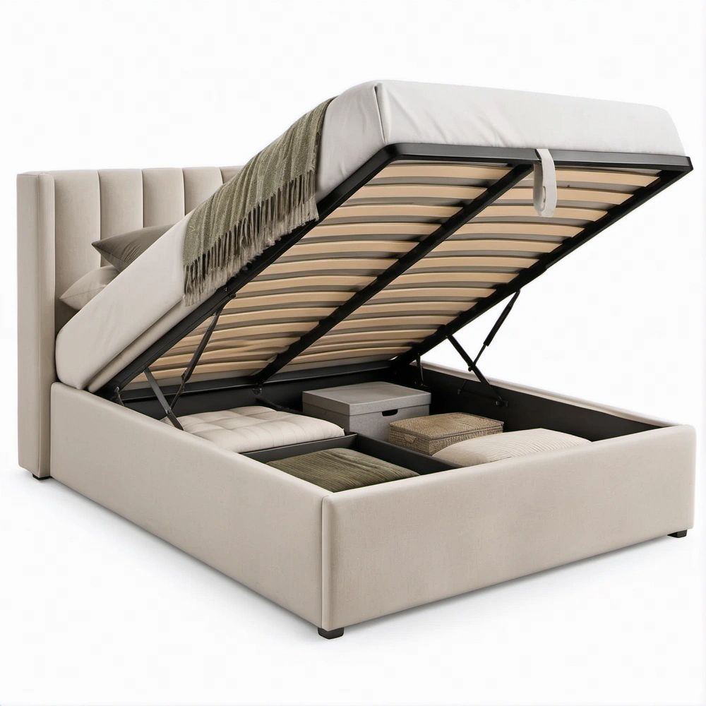Letto matrimoniale contenitore beige e nero in poliestere con rete a doghe, 160 x 200 cm