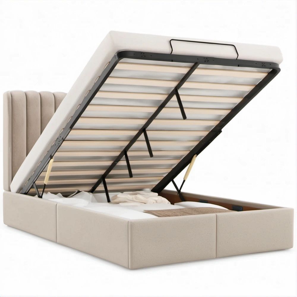 Letto contenitore matrimoniale imbottito Beige 160 x 200 cm con rete sollevabile